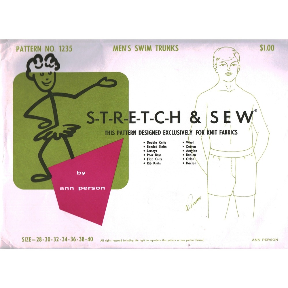 Vintage Ann Person Stretch & Sew‎ Pattern 1235 Mens Swim Trunks Sizes 28-40